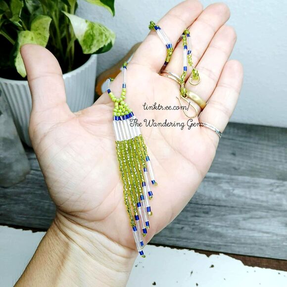 Green Beaded Fringe Cascade Choker Necklace, Boho Chic, OOAK, 15" - Picture 3 of 5